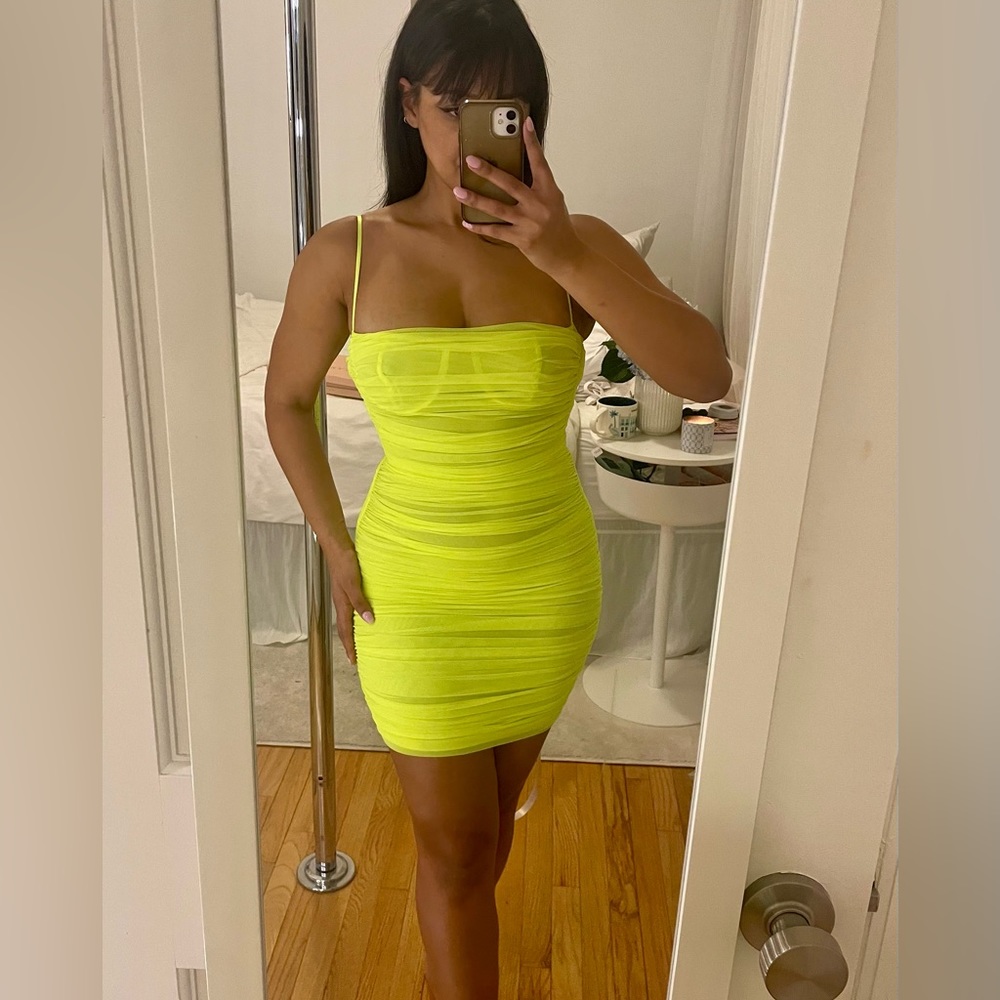 House of CB Ella ruched organza neon green lime mini dress